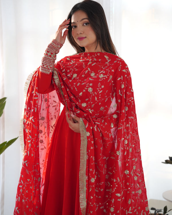 Red Georgette Anarkali Designer Gown With Dupatta