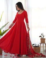 Red Georgette Anarkali Designer Gown With Dupatta