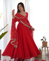 Red Georgette Anarkali Designer Gown With Dupatta