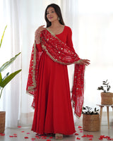 Red Georgette Anarkali Designer Gown With Dupatta