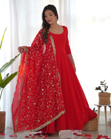 Red Georgette Anarkali Designer Gown With Dupatta