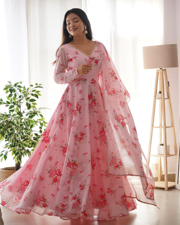 Pink Soft Georgette Anarkali Full Fair Gown With Dupatta