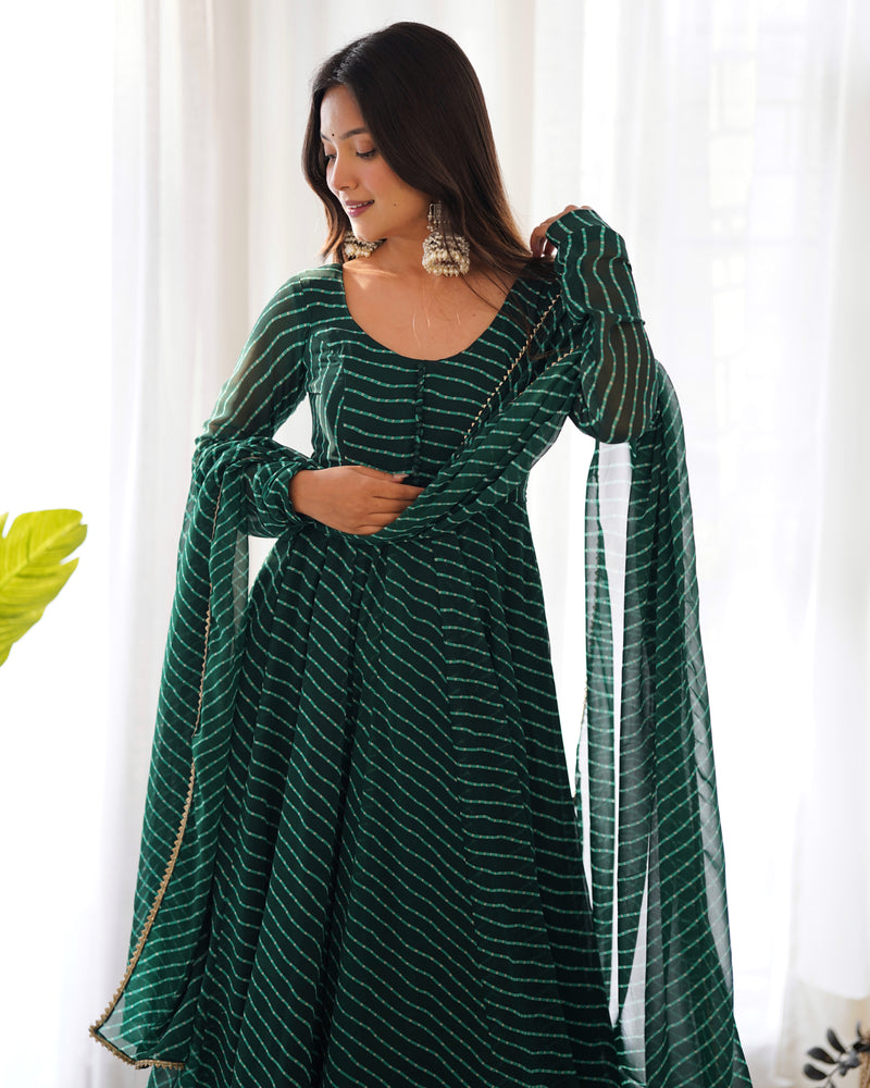 Green Georgette Laheriya Print Gown With Dupatta