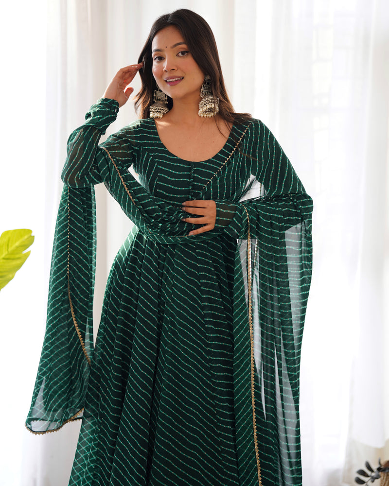 Green Georgette Laheriya Print Gown With Dupatta