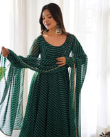 Green Georgette Laheriya Print Gown With Dupatta