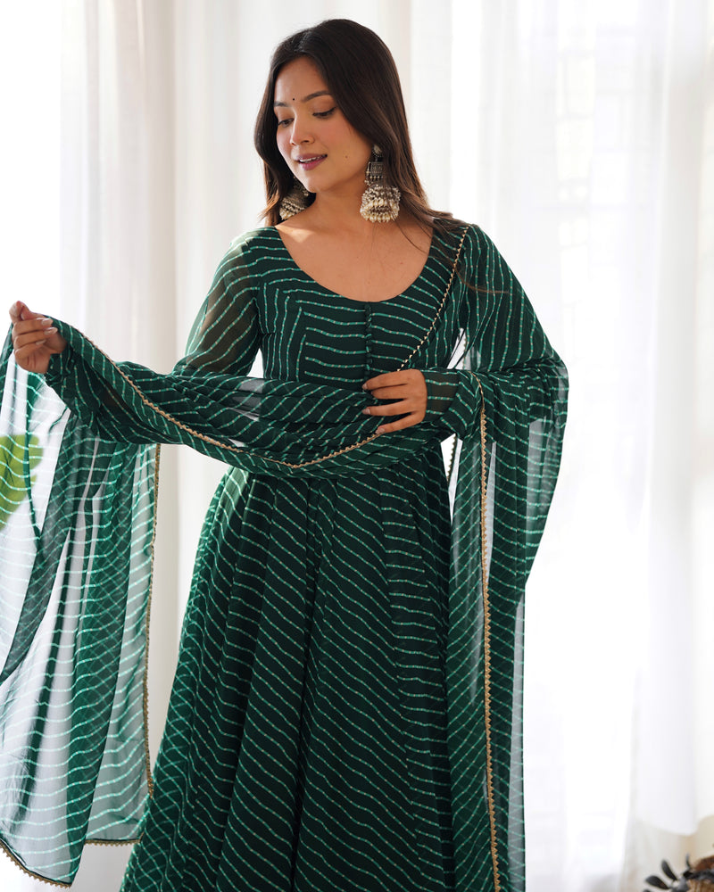 Green Georgette Laheriya Print Gown With Dupatta