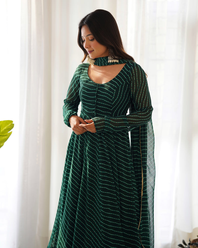 Green Georgette Laheriya Print Gown With Dupatta