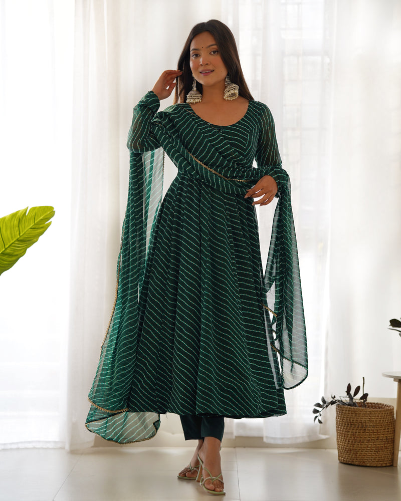 Green Georgette Laheriya Print Gown With Dupatta