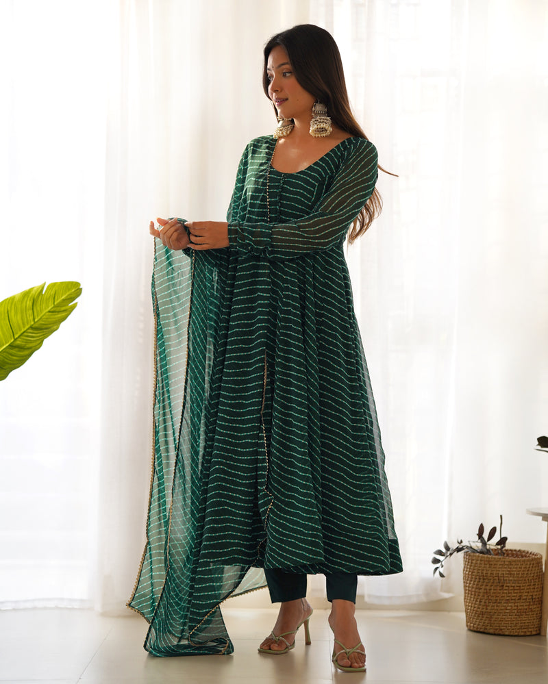 Green Georgette Laheriya Print Gown With Dupatta