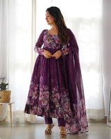 Wine Heavy Organza Chiffon Floral Print Anarkali Gown With Dupatta
