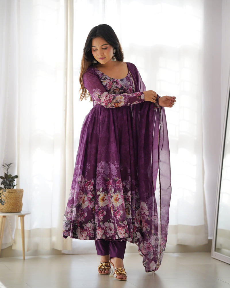 Wine Heavy Organza Chiffon Floral Print Anarkali Gown With Dupatta
