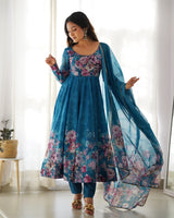 Blue Heavy Organza Chiffon Floral Print Anarkali Gown With Dupatta