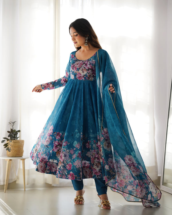 Blue Heavy Organza Chiffon Floral Print Anarkali Gown With Dupatta