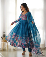 Blue Heavy Organza Chiffon Floral Print Anarkali Gown With Dupatta