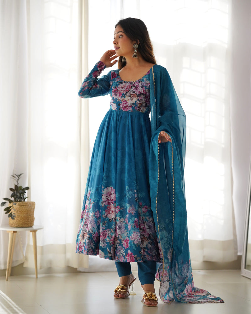 Blue Heavy Organza Chiffon Floral Print Anarkali Gown With Dupatta