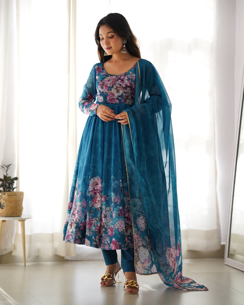 Blue Heavy Organza Chiffon Floral Print Anarkali Gown With Dupatta