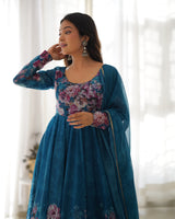 Blue Heavy Organza Chiffon Floral Print Anarkali Gown With Dupatta