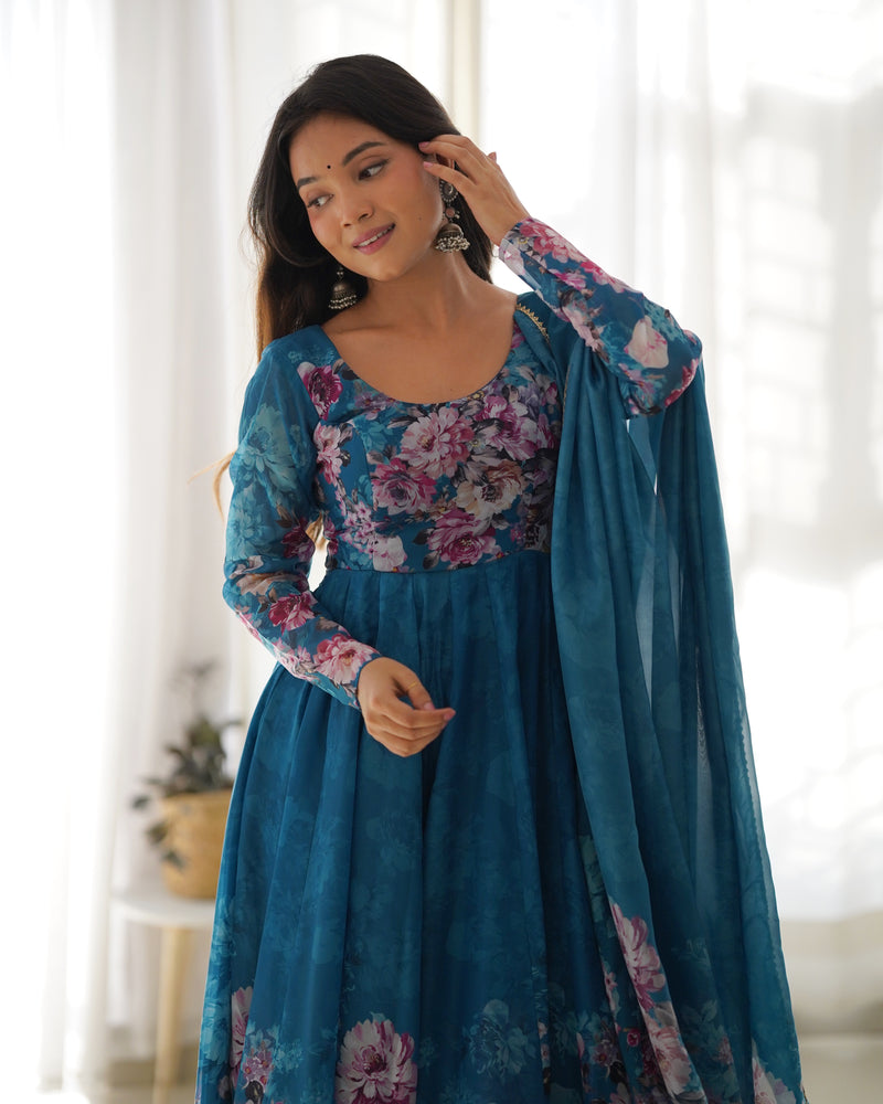 Blue Heavy Organza Chiffon Floral Print Anarkali Gown With Dupatta