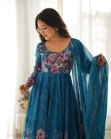 Blue Heavy Organza Chiffon Floral Print Anarkali Gown With Dupatta