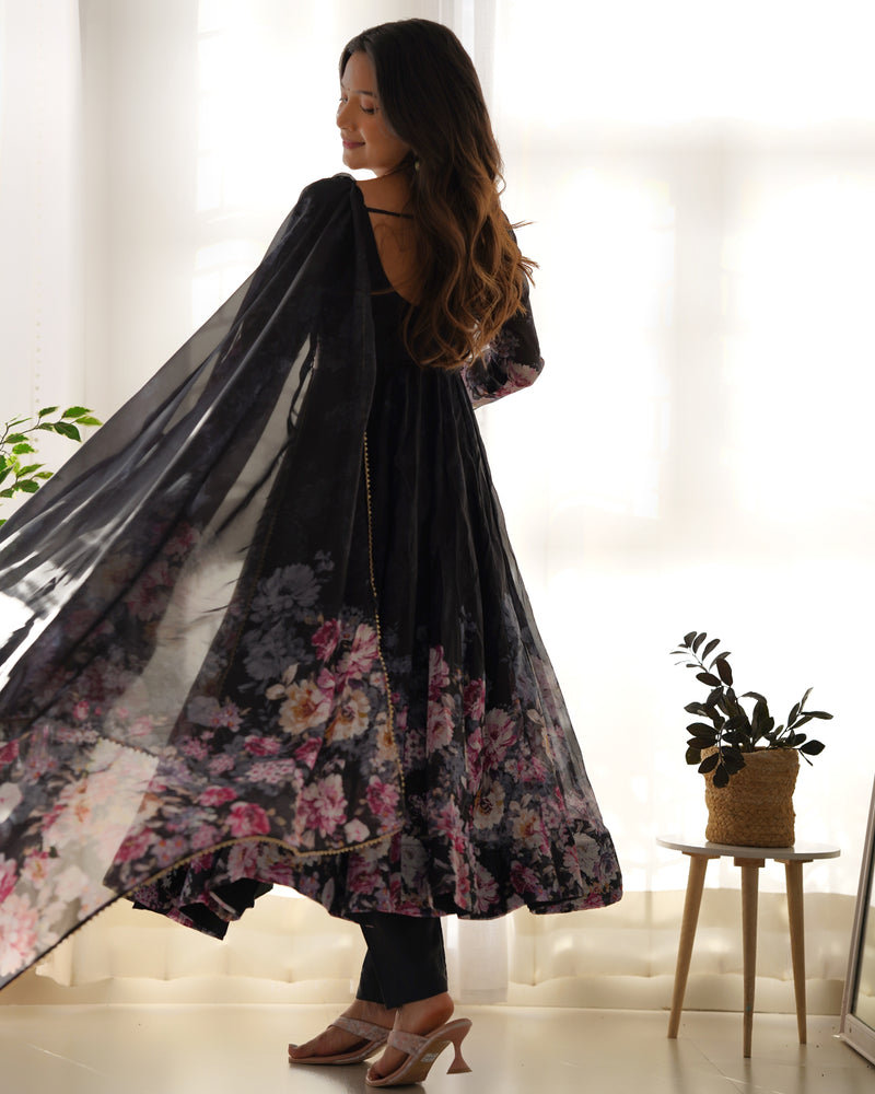 Black Organza Designer Gown With Dupatta