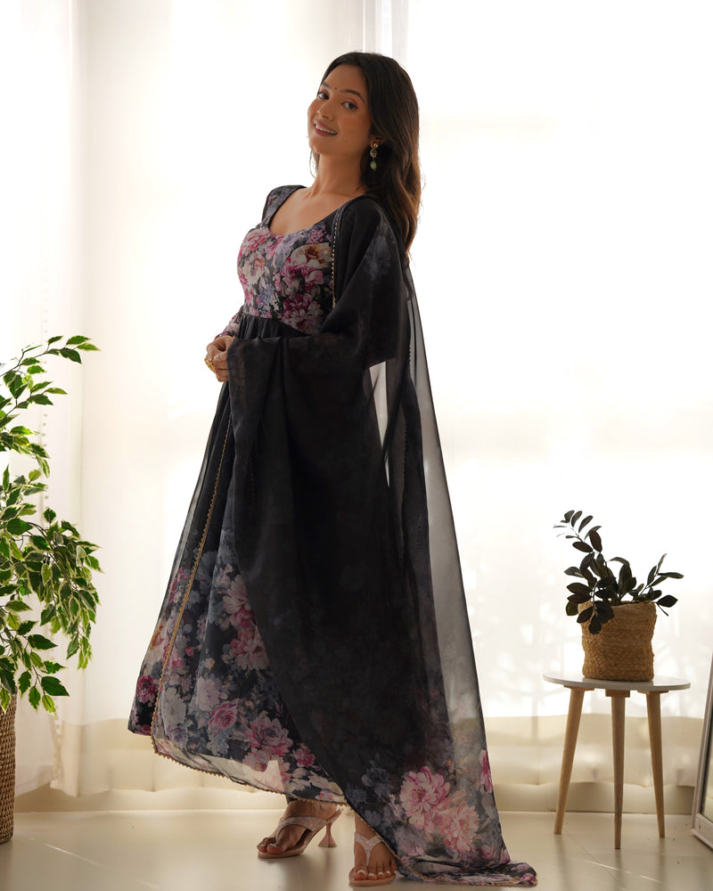 Black Organza Designer Gown With Dupatta