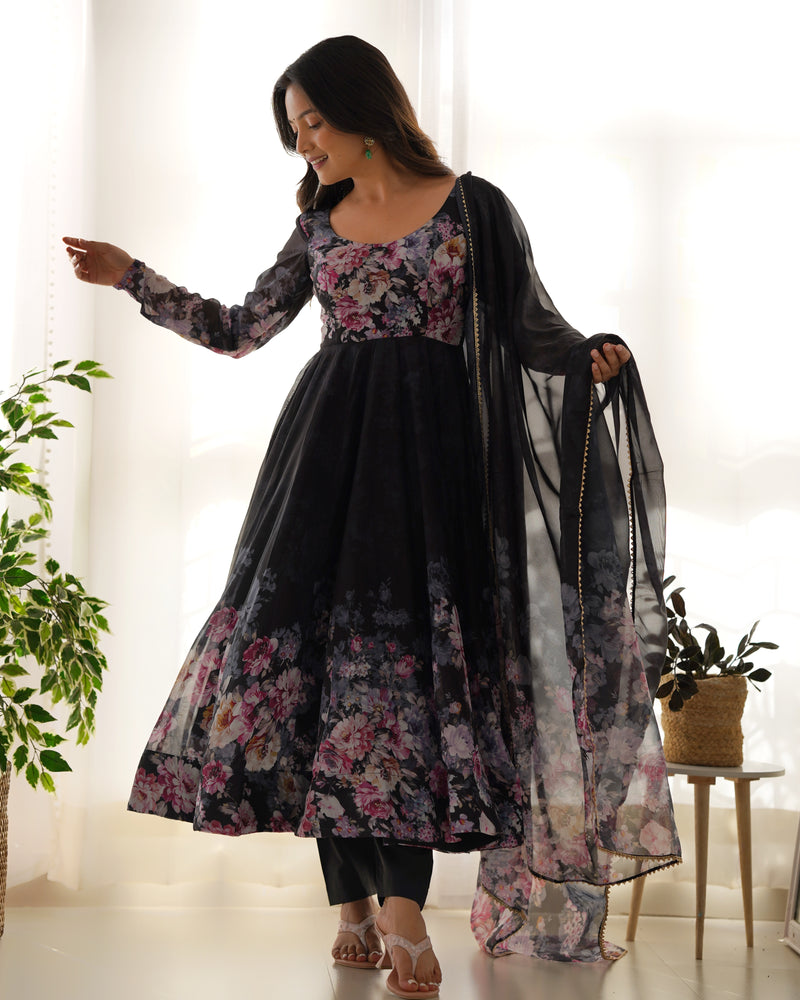 Black Organza Designer Gown With Dupatta