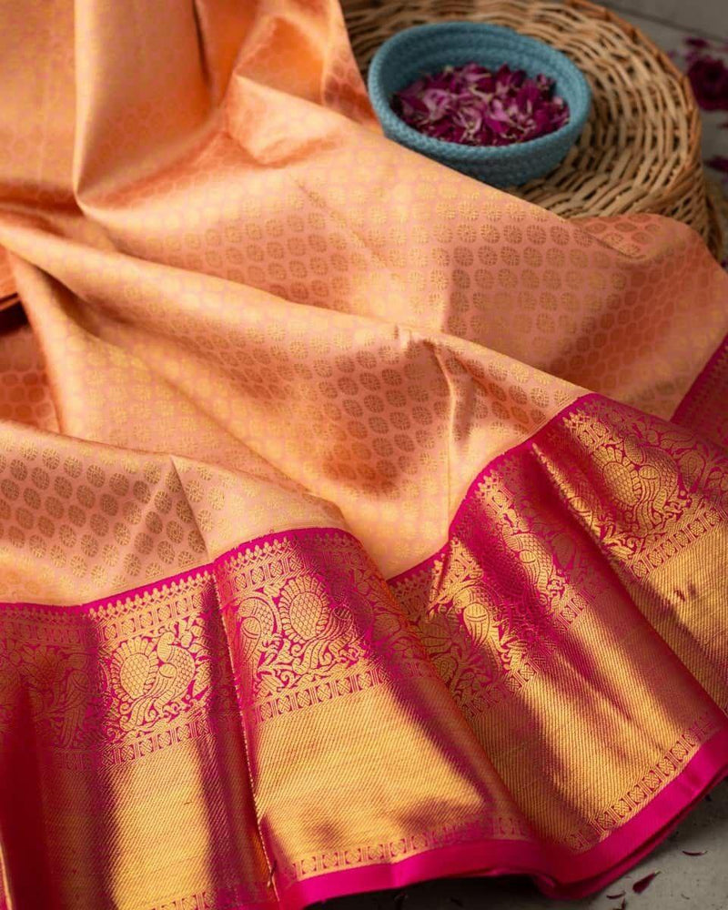 Mellifluous Peach Soft Banarasi Silk Saree With Evocative Blouse Piece