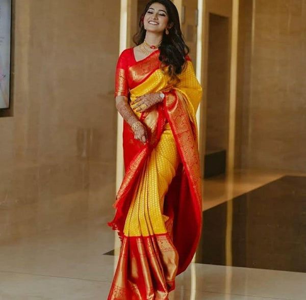 Improbable Yellow Soft Banarasi Silk Saree With Exuberant Blouse Piece