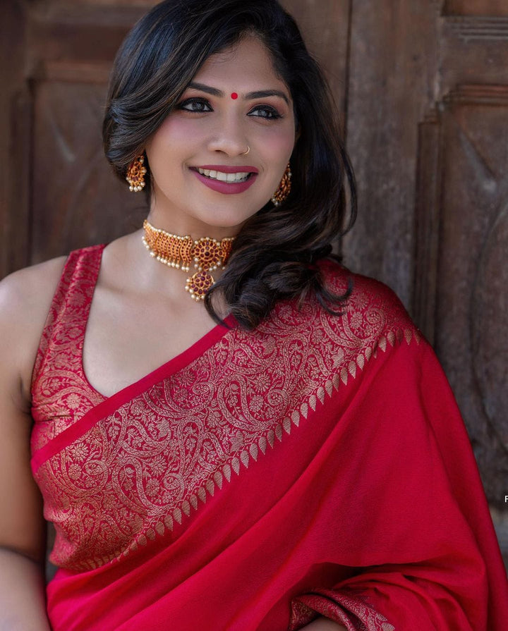 Glittering Red Soft Silk Saree With Unequalled Blouse Piece