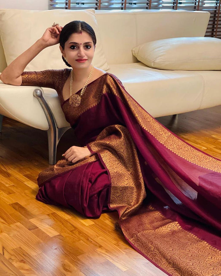 Unique Wine Soft Silk Saree With Wonderful Blouse Piece