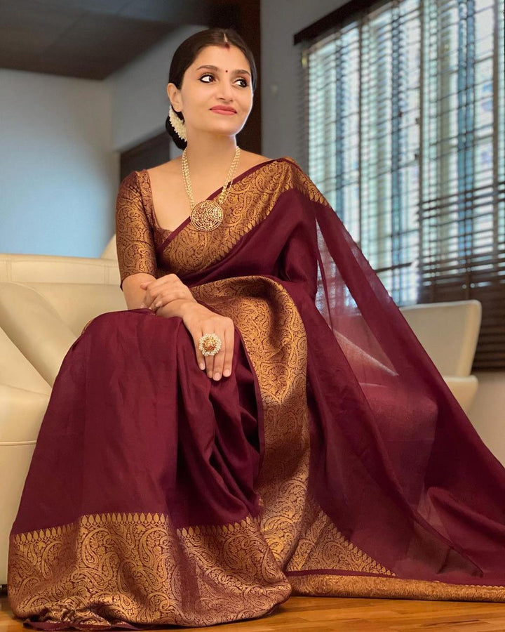 Unique Wine Soft Silk Saree With Wonderful Blouse Piece