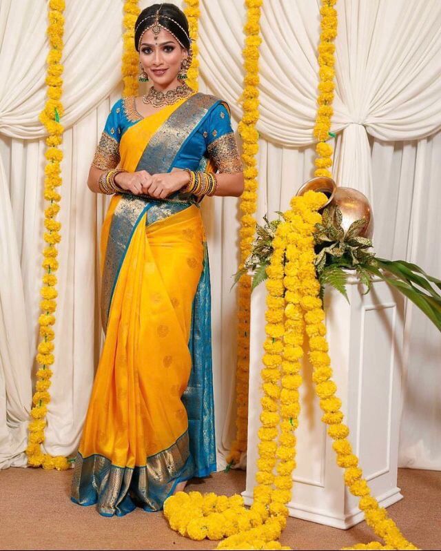 Groovy Yellow Soft Banarasi Silk Saree With Angelic Blouse Piece