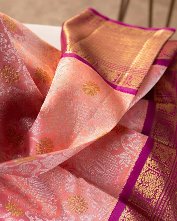 Gleaming Pink Soft Banarasi Silk Saree With Improbable Blouse Piece