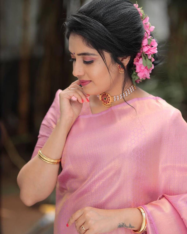 Evocative Pink Soft Silk Saree With Forbearance Blouse Piece