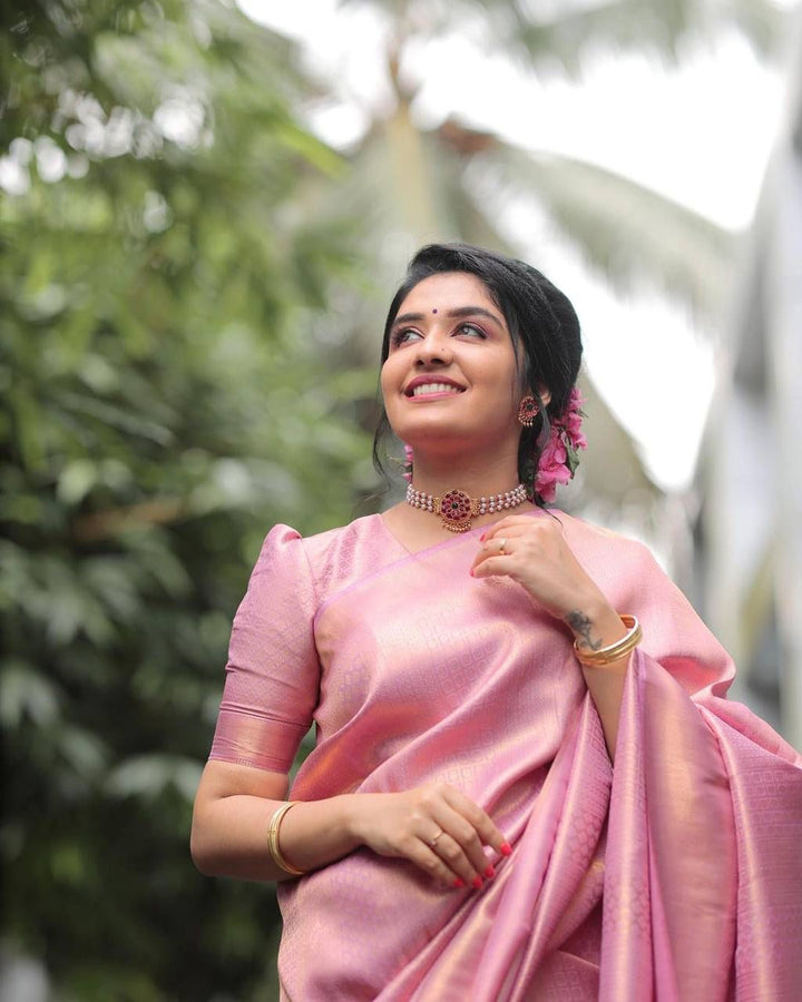 Evocative Pink Soft Silk Saree With Forbearance Blouse Piece