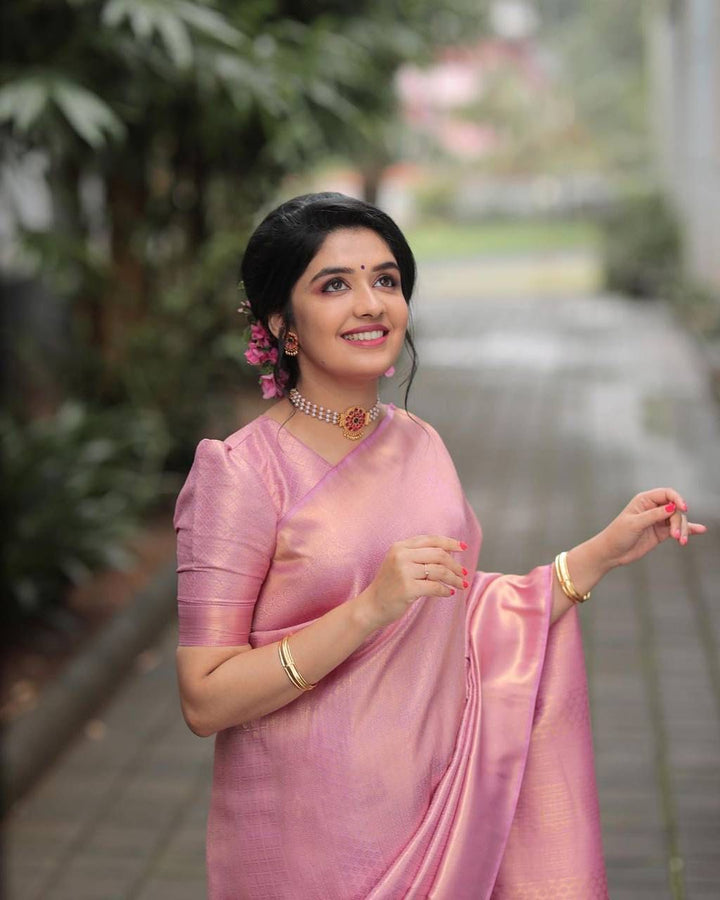 Evocative Pink Soft Silk Saree With Forbearance Blouse Piece