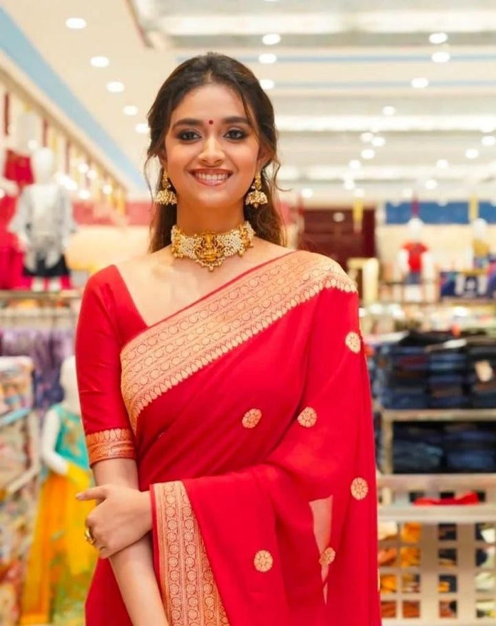 Ethnic Red Soft Silk Saree With Ravishing Blouse Piece