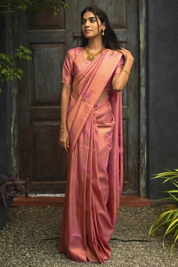 Gratifying Pink Soft Silk Saree With Fragrant Blouse Piece