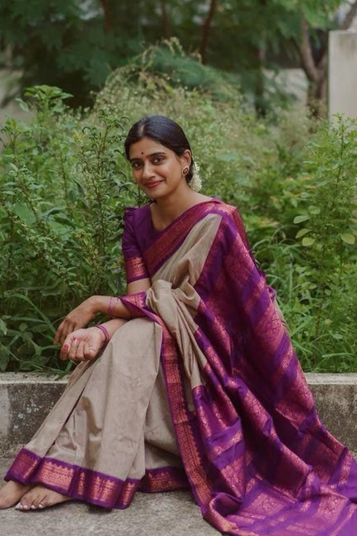 Admirable Beige Soft Silk Saree With Whimsical Blouse Piece