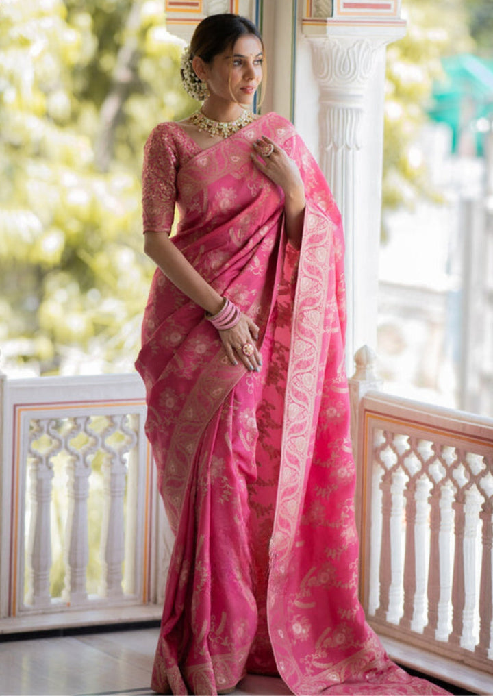 Effervescent Pink Soft Silk Saree With Assemblage Blouse Piece