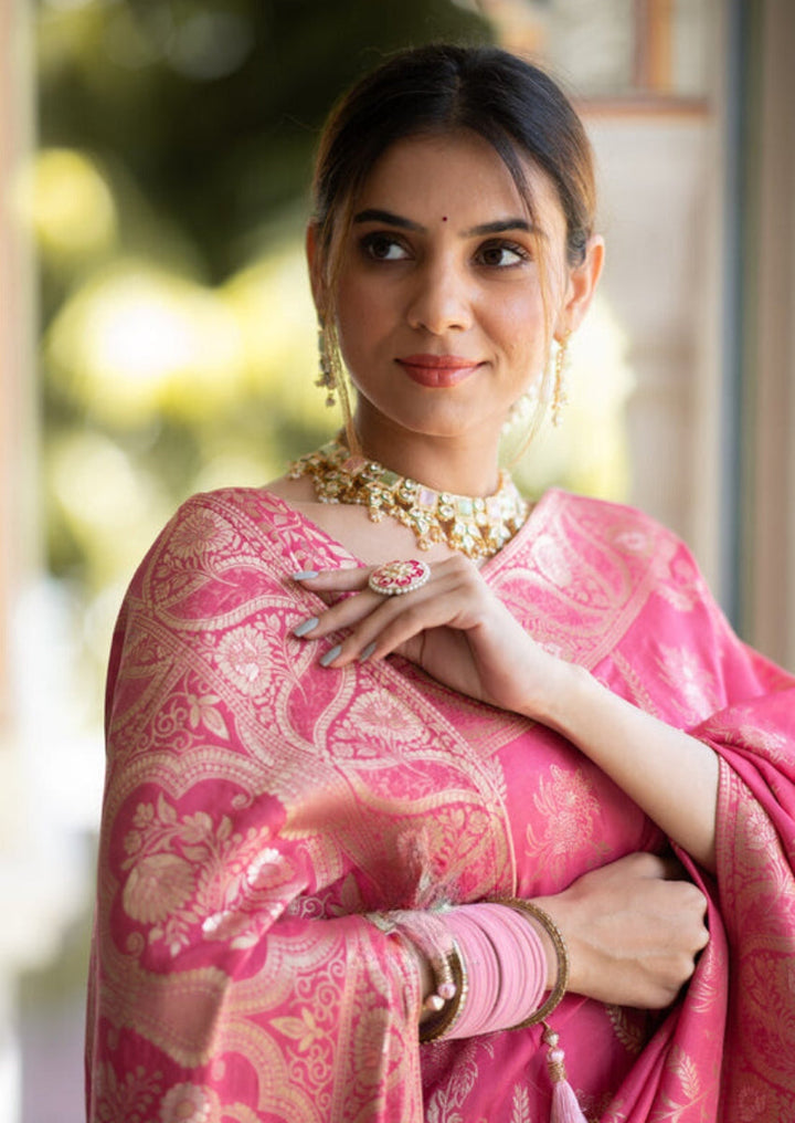 Effervescent Pink Soft Silk Saree With Assemblage Blouse Piece