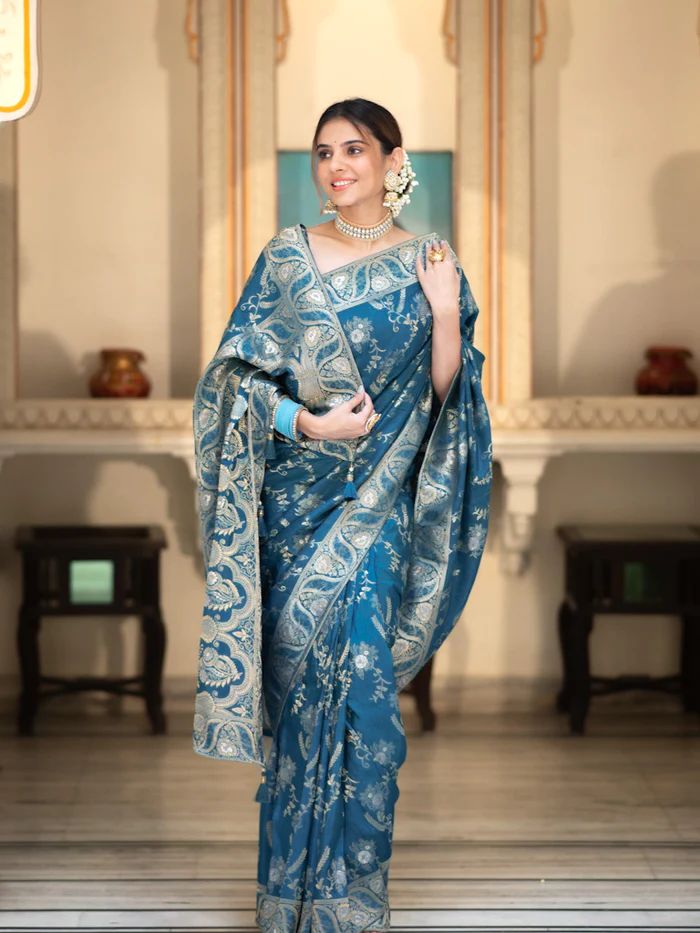 Epiphany Rama Soft Silk Saree With Embrocation Blouse Piece