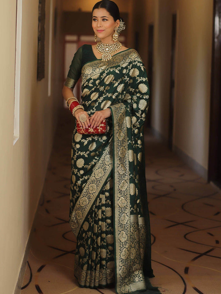 Adorable Dark Green Soft Silk Saree With Blissful Blouse Piece