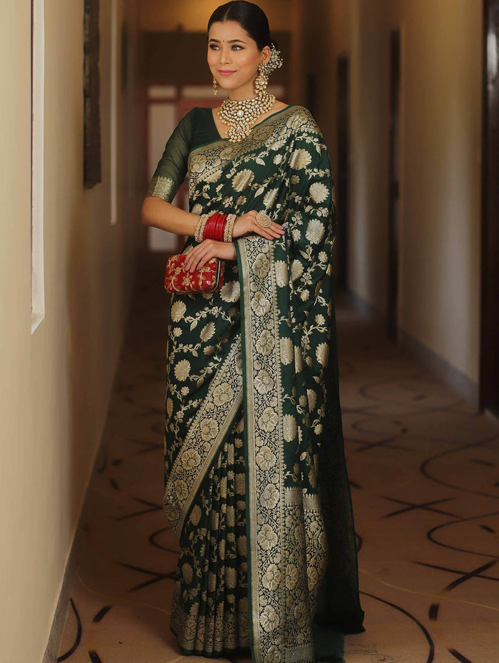 Adorable Dark Green Soft Silk Saree With Blissful Blouse Piece