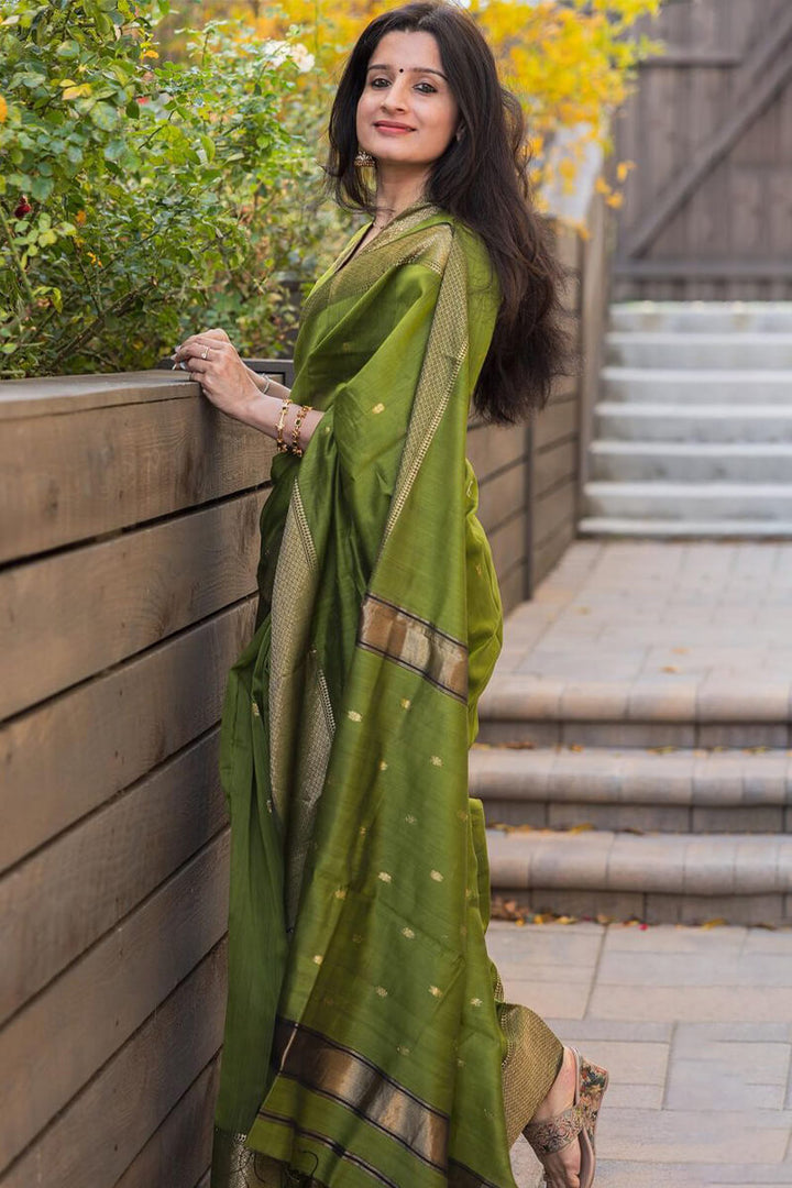 Lissome Green Cotton Silk Saree With Ratatouille Blouse Piece