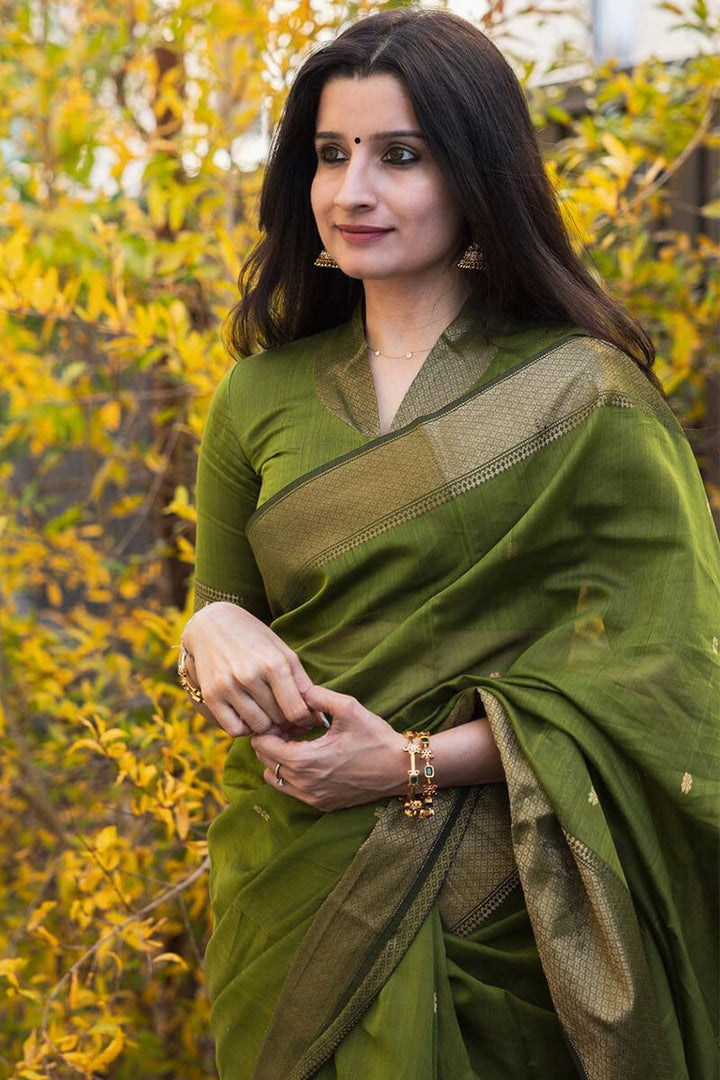 Lissome Green Cotton Silk Saree With Ratatouille Blouse Piece