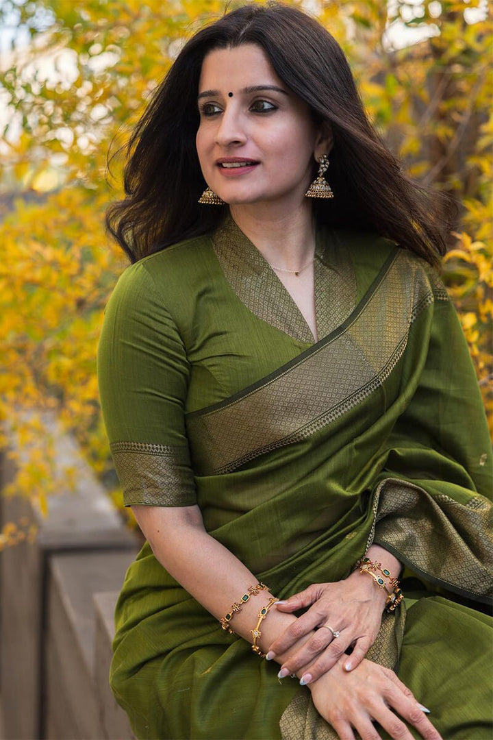 Lissome Green Cotton Silk Saree With Ratatouille Blouse Piece