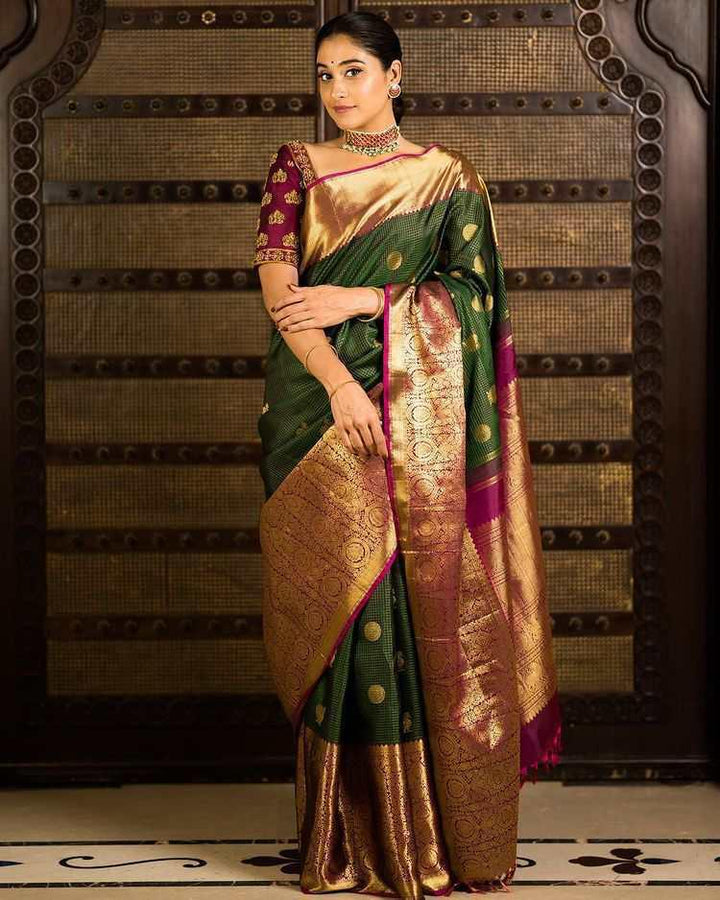 Dazzling Green Soft Banarasi Silk Saree With Girlish Blouse Piece