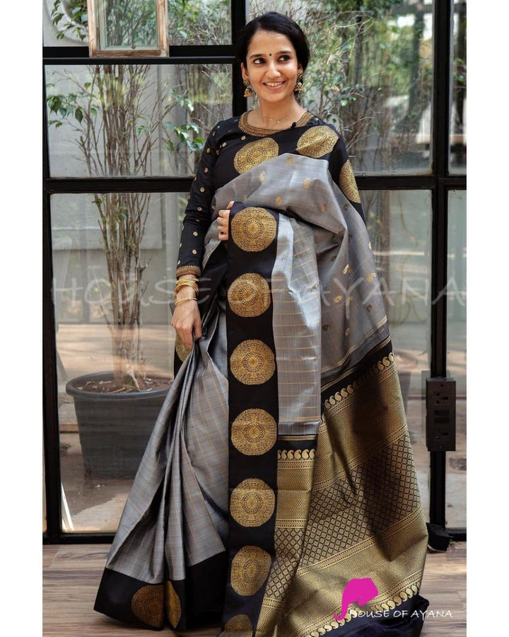 Blooming Grey Soft Banarasi Silk Saree With Intricate Blouse Piece