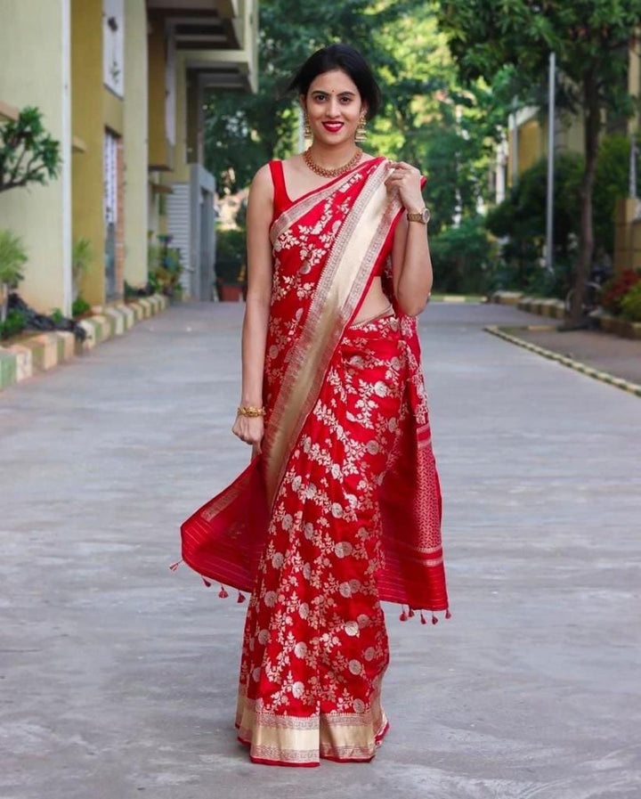 Fantabulous Red Soft Banarasi Silk Saree With Seraglio Blouse Piece